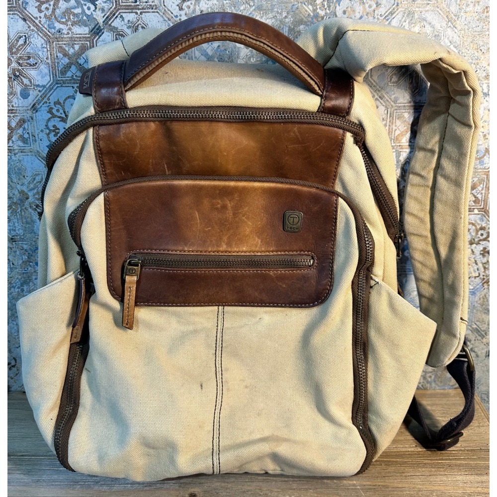 Tumi T-Tech Canvas Leather Trim Backpack Mens Medium Beige Brown